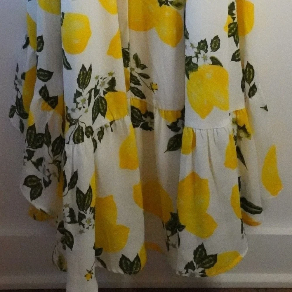NWT, Lulus, Afternoon Air Yellow Lemon Print High-Low Ruffle Midi Dress Size M‎